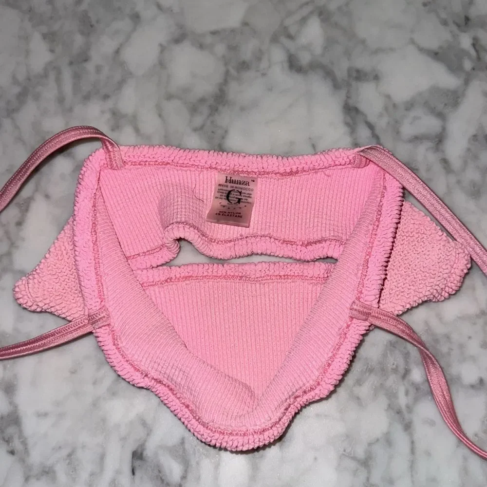 HUNZA G BUBBLEGUM PINK CRINKLE STRETCH GIGI BIKINI SET ONE SIZE FITS ALL
